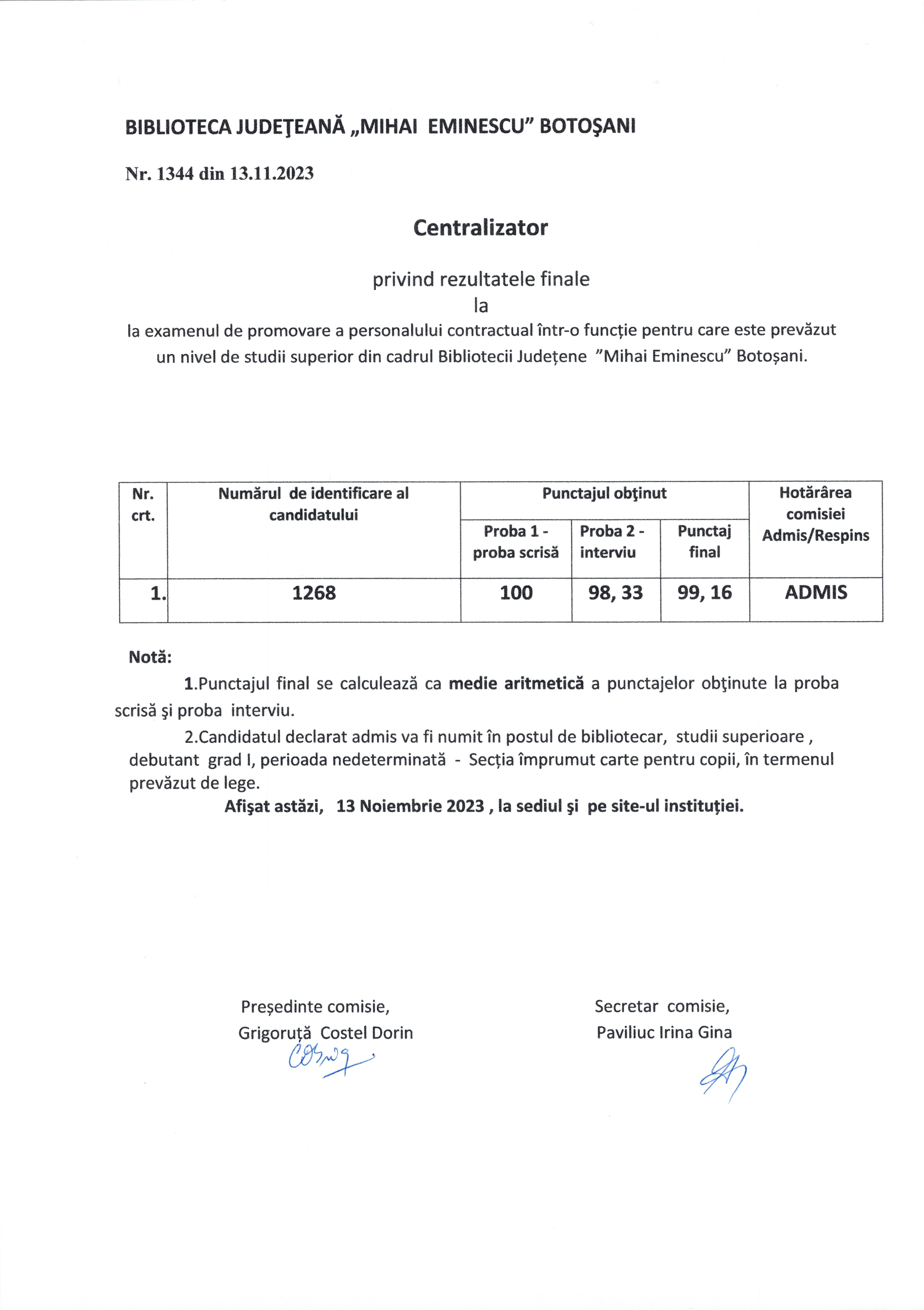 Examen de promovare a personalului contractual - Rezultate finale